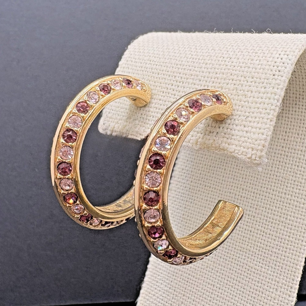Vintage Swarovski Pavé Purple & Clear Crystal Hoop Earrings Pierced Swan Signed